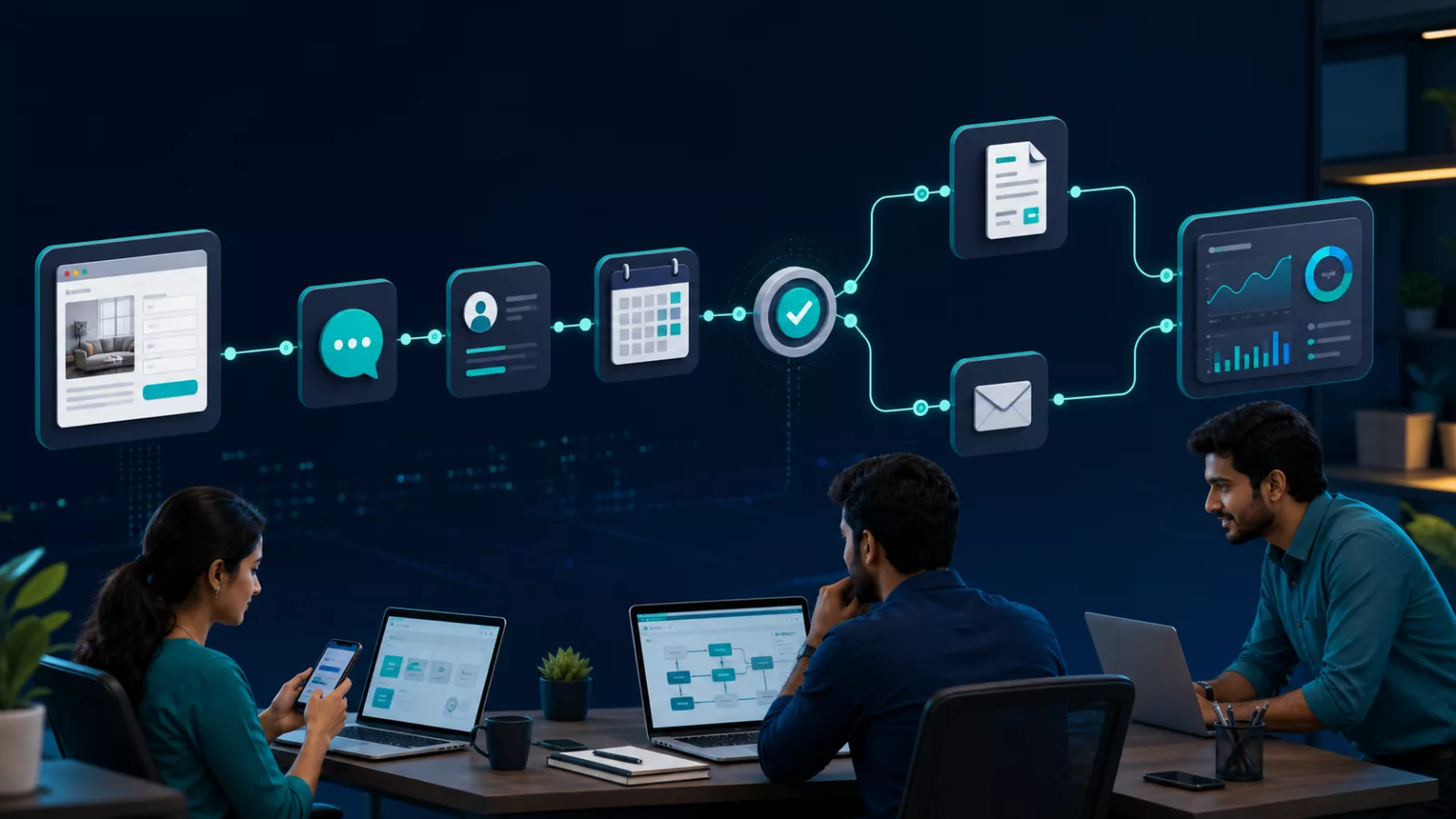 AI automation workflow connecting enquiries, CRM, calendar and reporting for an Indian small business team