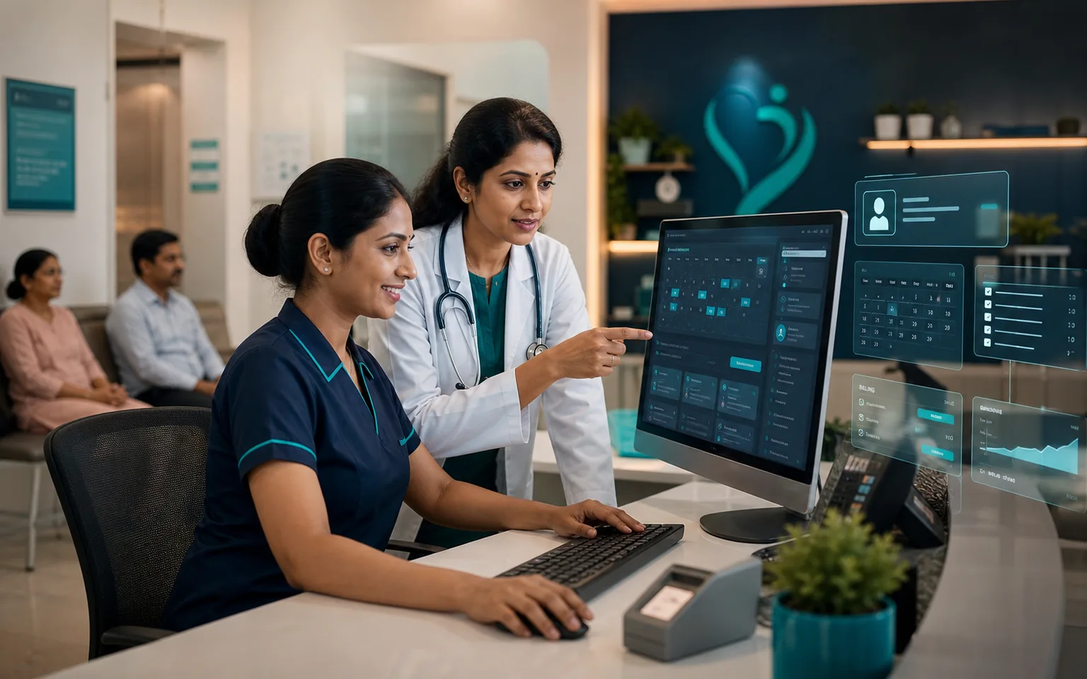 Indian clinic team evaluating appointment, record and billing software features