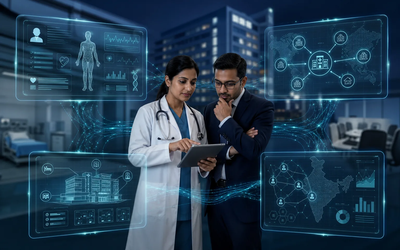 Indian healthcare team comparing EMR EHR HMS and HMIS system architecture