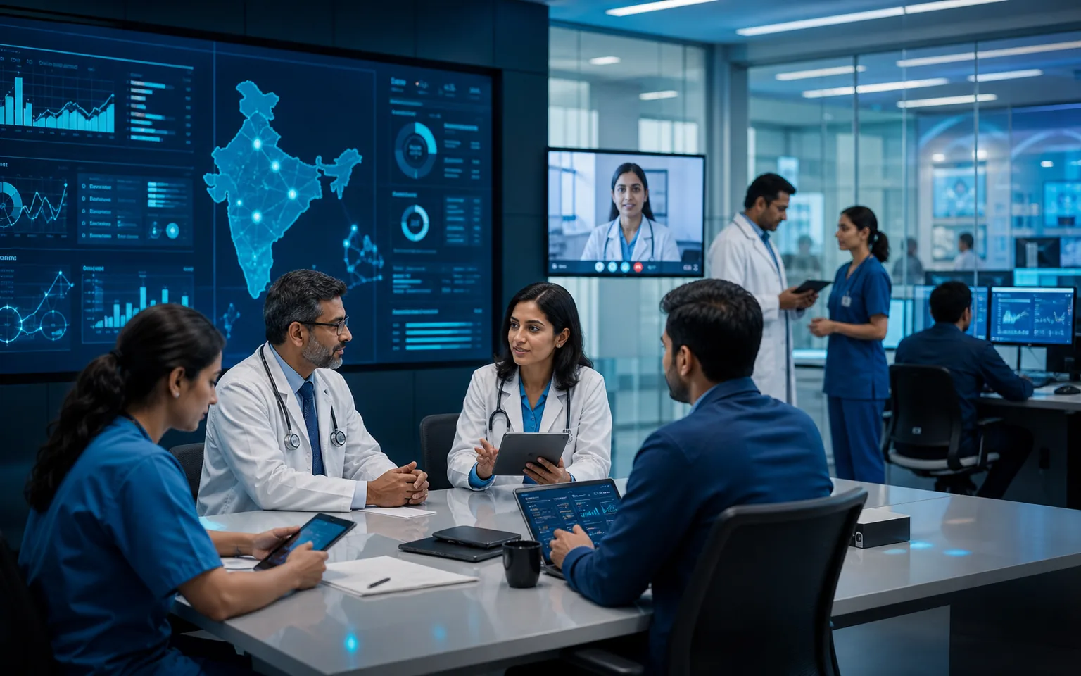 Indian healthcare team reviewing connected digital health systems and patient workflows