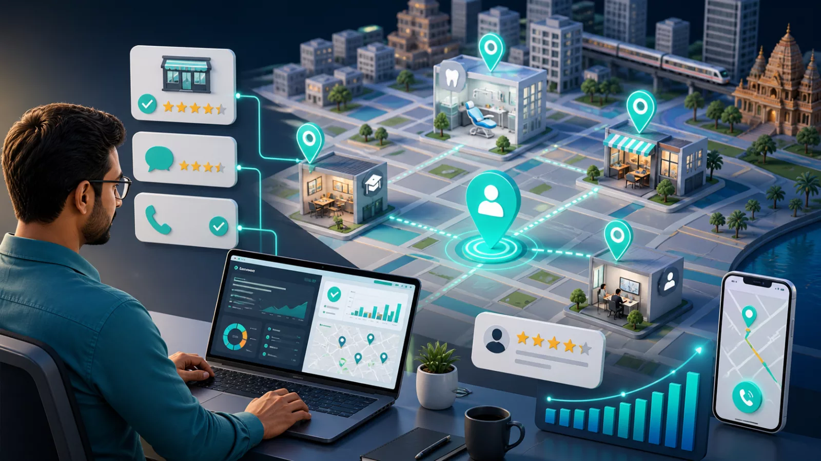 Local SEO visibility map connecting an Indian service business with reviews, directions, calls and leads