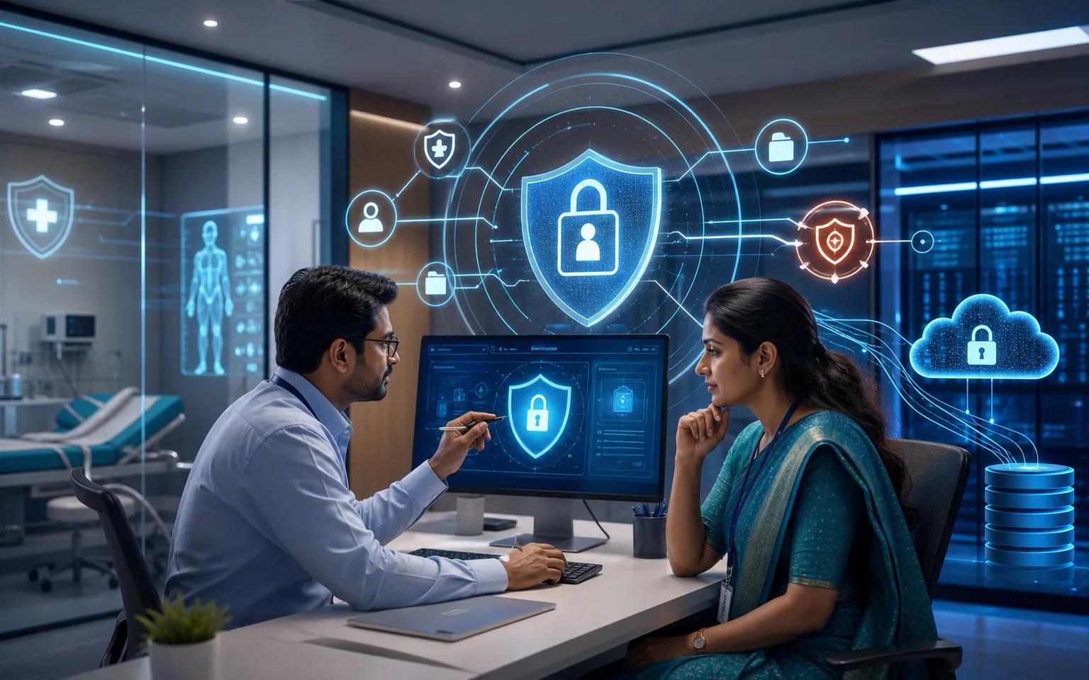 Secure patient records protected by layered cybersecurity controls in a clinic